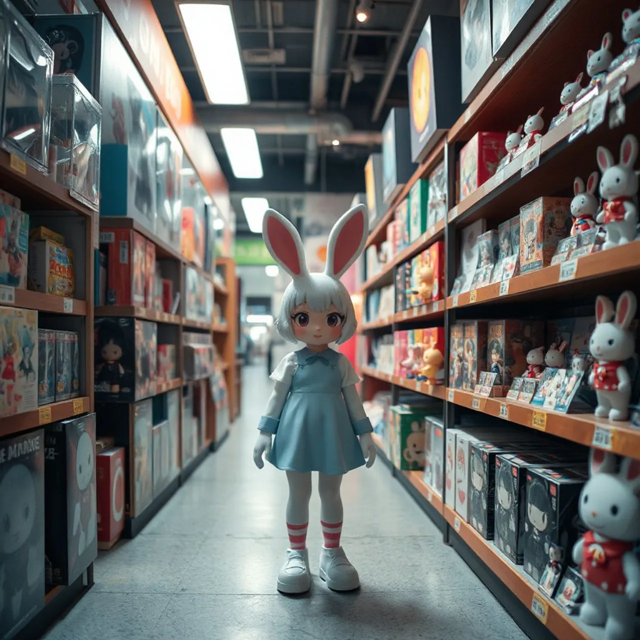 Personagens de A Certain Dark Item em trajes de bunny girl posam diante da fachada da pop‑up shop em Shinjuku