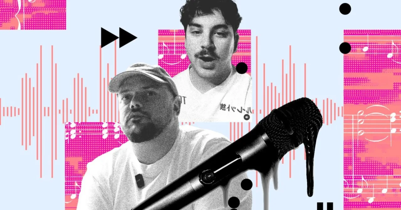 Jovem correndo ao ar livre com fones, notas musicais ao redor e smartwatch mostrando batimentos