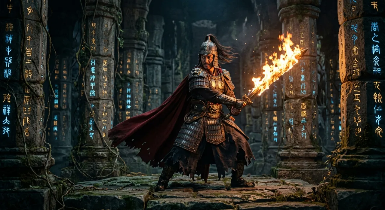 Logo de Burning Sword: Death Sun ao centro, cercado por uma espada flamejante e o ícone da Steam