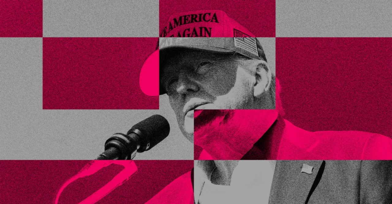 Donald Trump no palco do comício, ao fundo um telão exibindo o logotipo colorido do Google