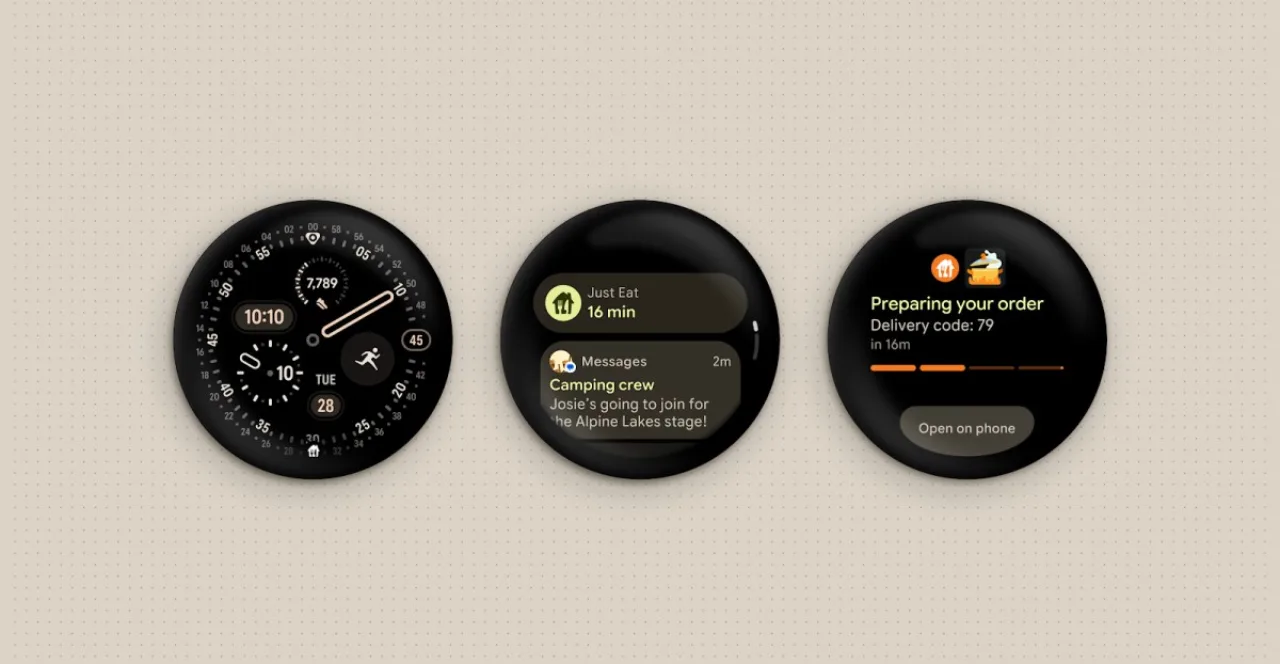 Pessoa correndo ao ar livre usando um smartwatch Pixel Watch exibindo notificações em tempo real