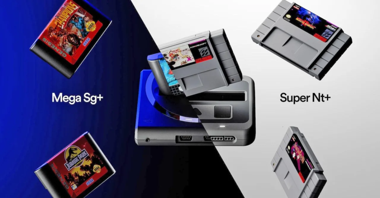 Super Nt Plus e Mega Sg Plus da Analogue exibidos lado a lado, com design metalizado e logo da marca