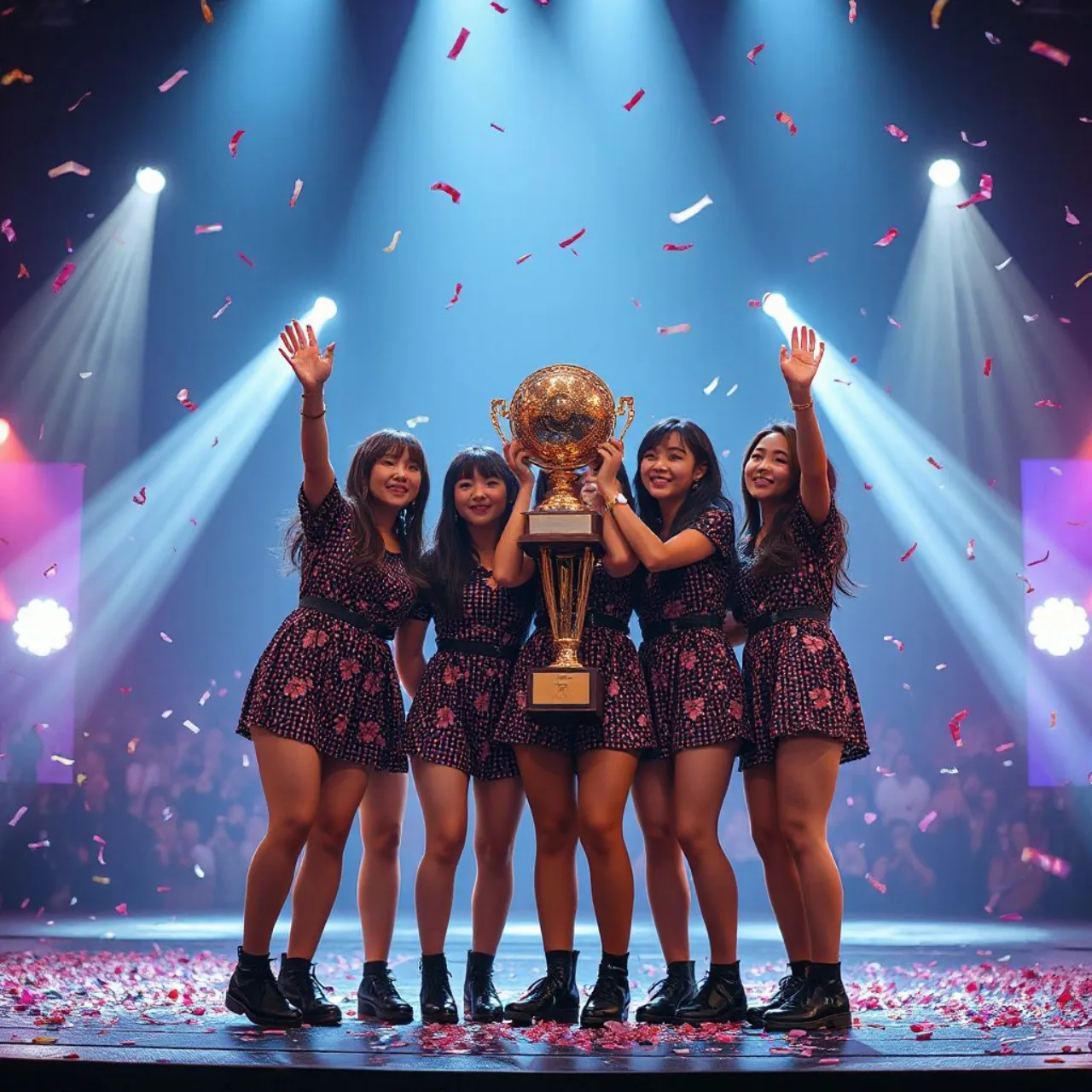 Integrantes da NMIXX comemoram no palco do Music Bank erguendo o troféu de primeiro lugar com "Birthday Wish