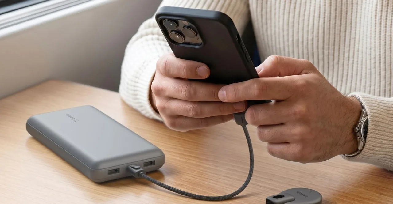 Corredor usando um rastreador Belkin preso ao cordão, com smartphone exibindo app Find My ao fundo