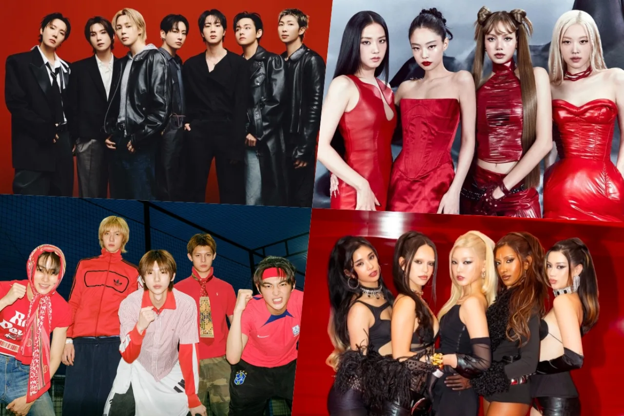 BTS, BLACKPINK, CORTIS e KATSEYE posam juntos ao lado do troféu MTV VMA 2026, com o logo da MTV ao fundo