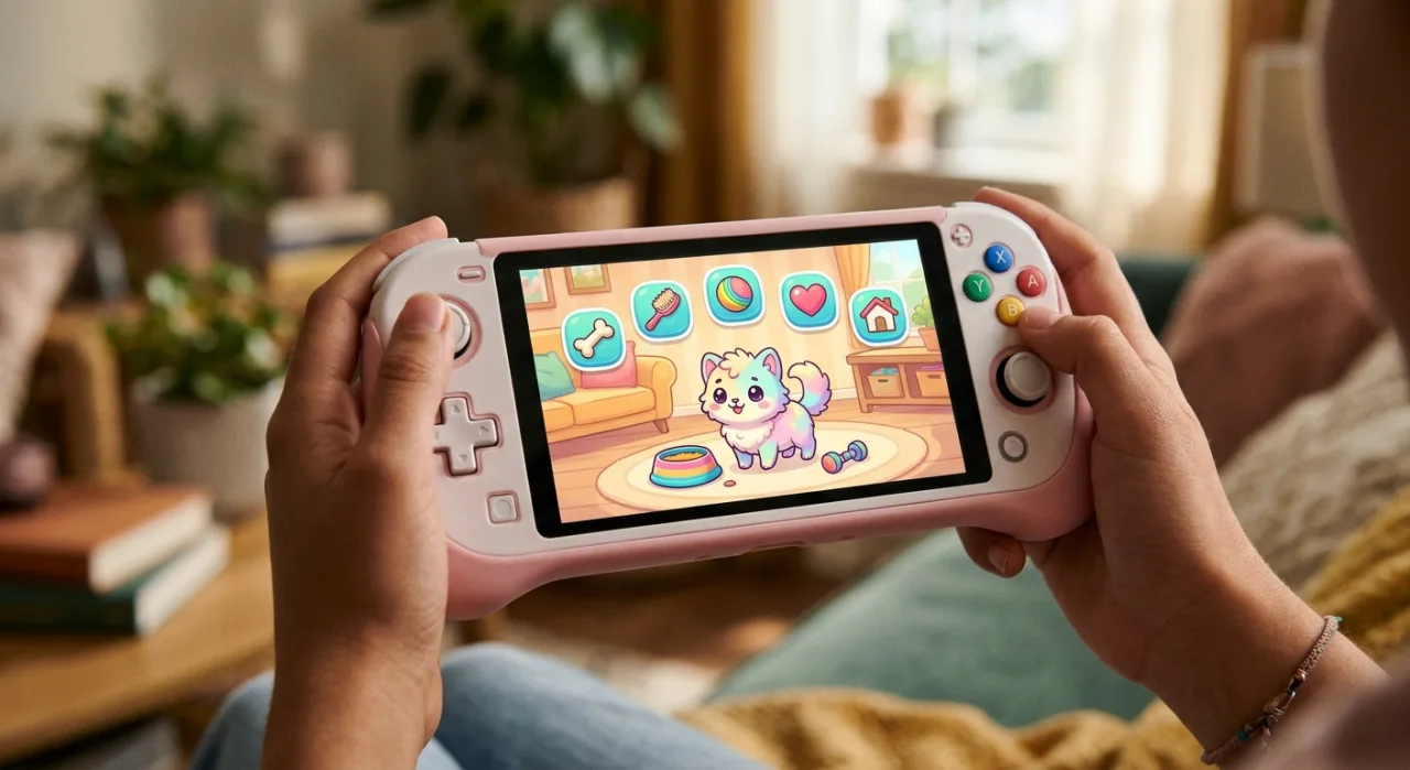 Capa de Little Friends: Dogs & Cats com cães e gatos coloridos ao lado de um Nintendo Switch mostrando o preço $2