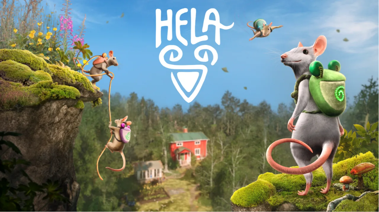 Logo de Hela: of Mice & Magic ao lado de um mouse mago em pose heroica, com ícones dos consoles Switch 2, PS5, Xbox Series X/S
