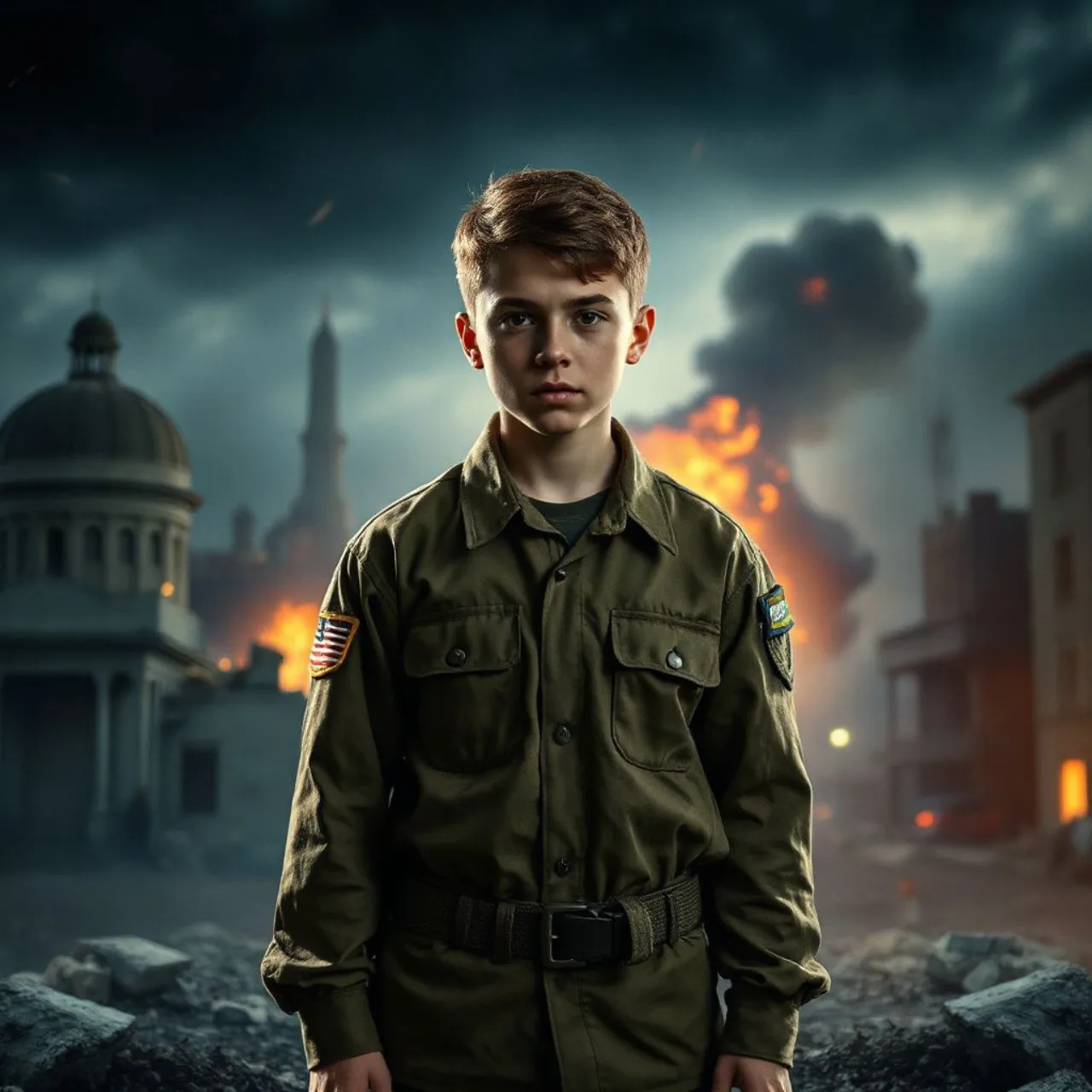 Personagem de Teenage Mercenary em pose de ação, vestindo traje militar futurista, ao fundo o logo da Crunchyroll