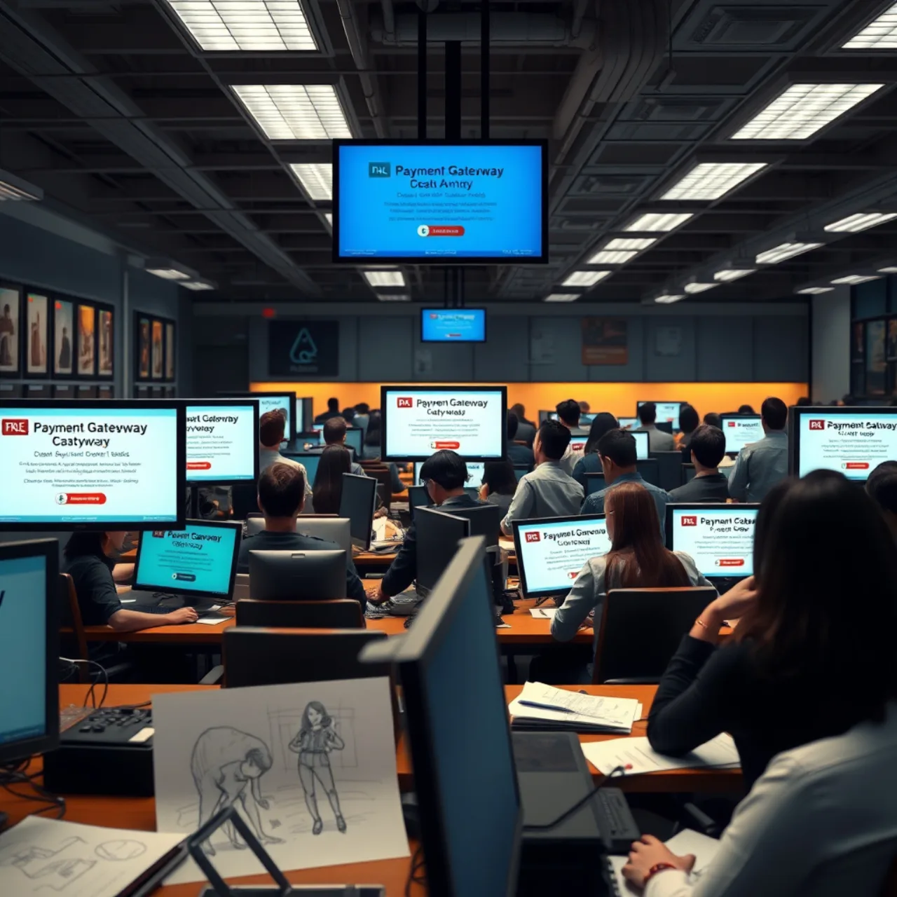 Criador de conteúdo adulto no computador, cercado por cartões de crédito, cadeado de segurança e ícones de pagamento