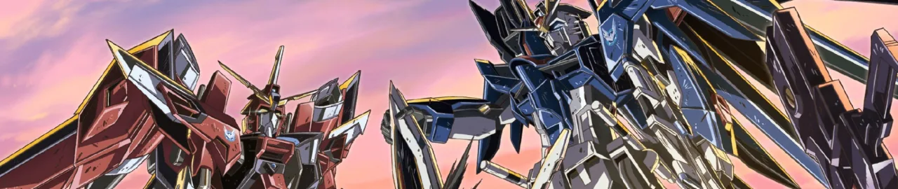 Modelo em traje de ginástica faz agachamento ao lado de um robô Gundam em miniatura, segurando uma garrafa d'água
