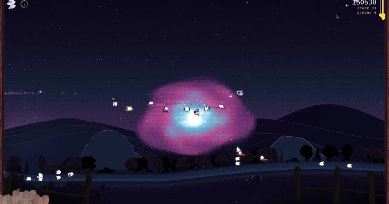 Pixel art de ovelhas pixeladas correndo em cenário colorido, com o logo do jogo Sheeps e o ícone do Steam ao fundo