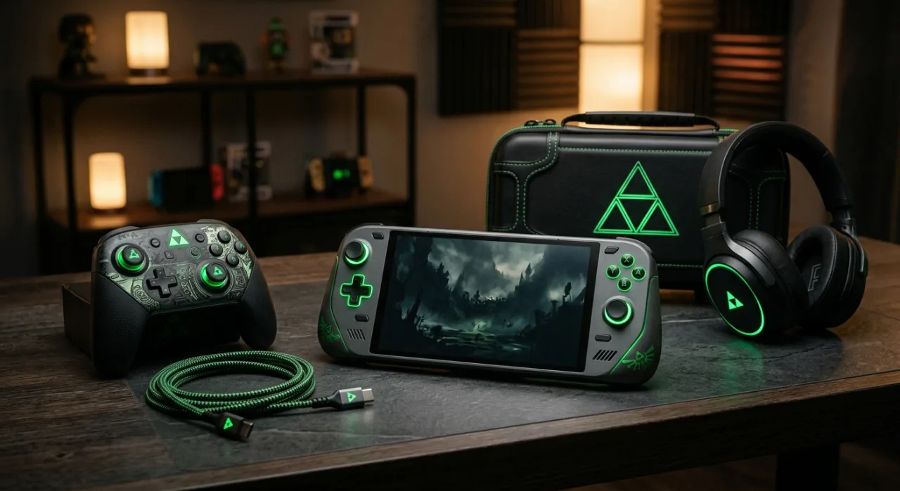 Controle Hori temático de Zelda com Triforce, sobre um Switch 2 ao lado da capa de Ocarina of Time