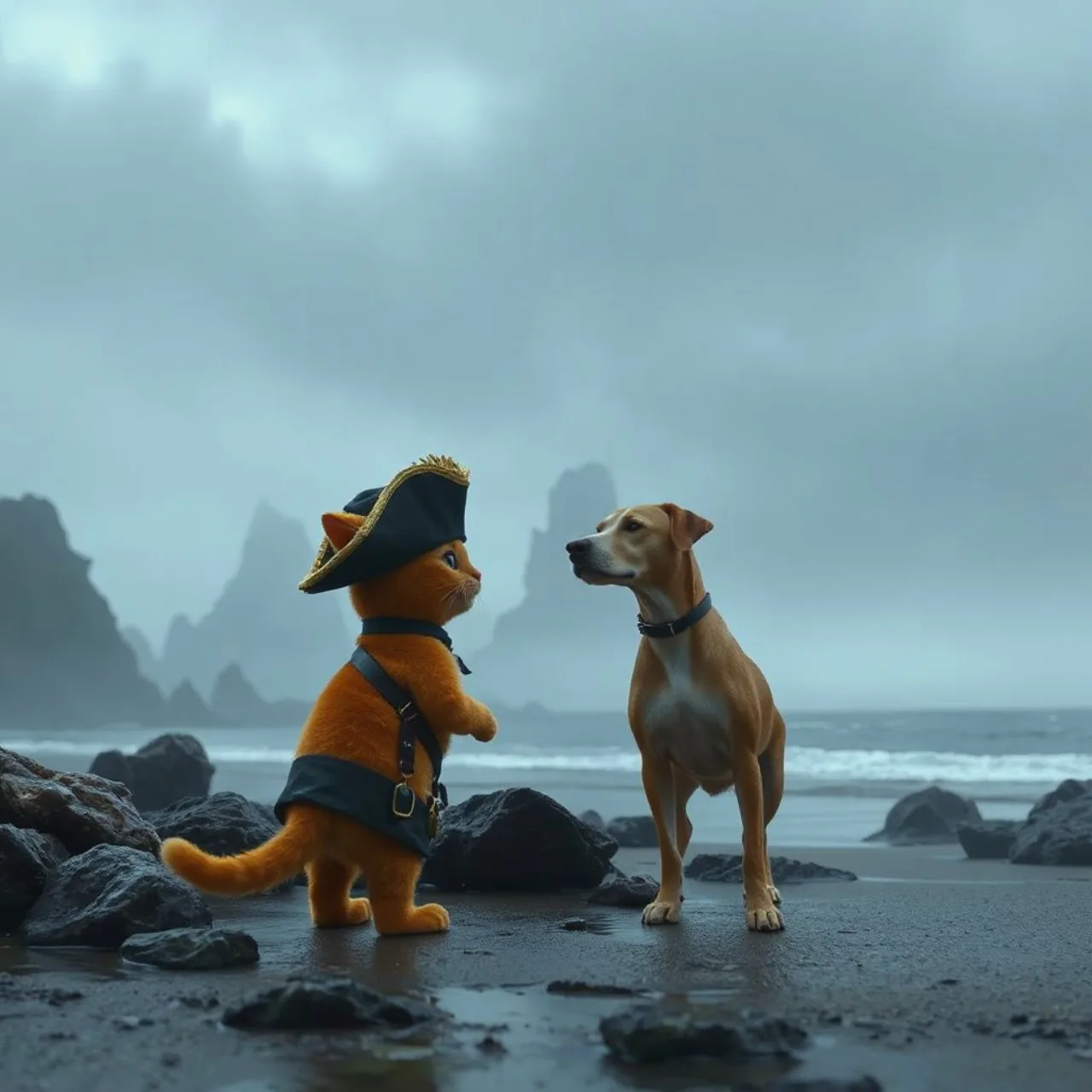 Garfield e Odie fantasiados de piratas tremem diante de fantasmas verdes em navio assombrado