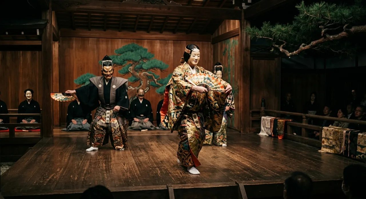 Jovem em kimono vermelho faz alongamento de braços, segurando leque, ao lado de garrafa d'água e toalha