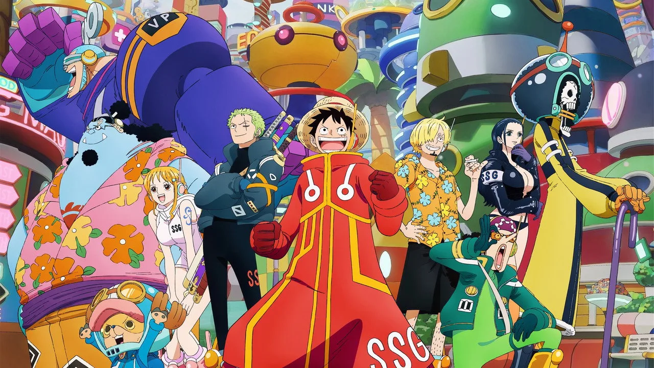 Luffy ao centro, rodeado por Garp, Rayleigh e Scopper Gaban, cada um em pose característica, com bandeiras piratas ao fundo
