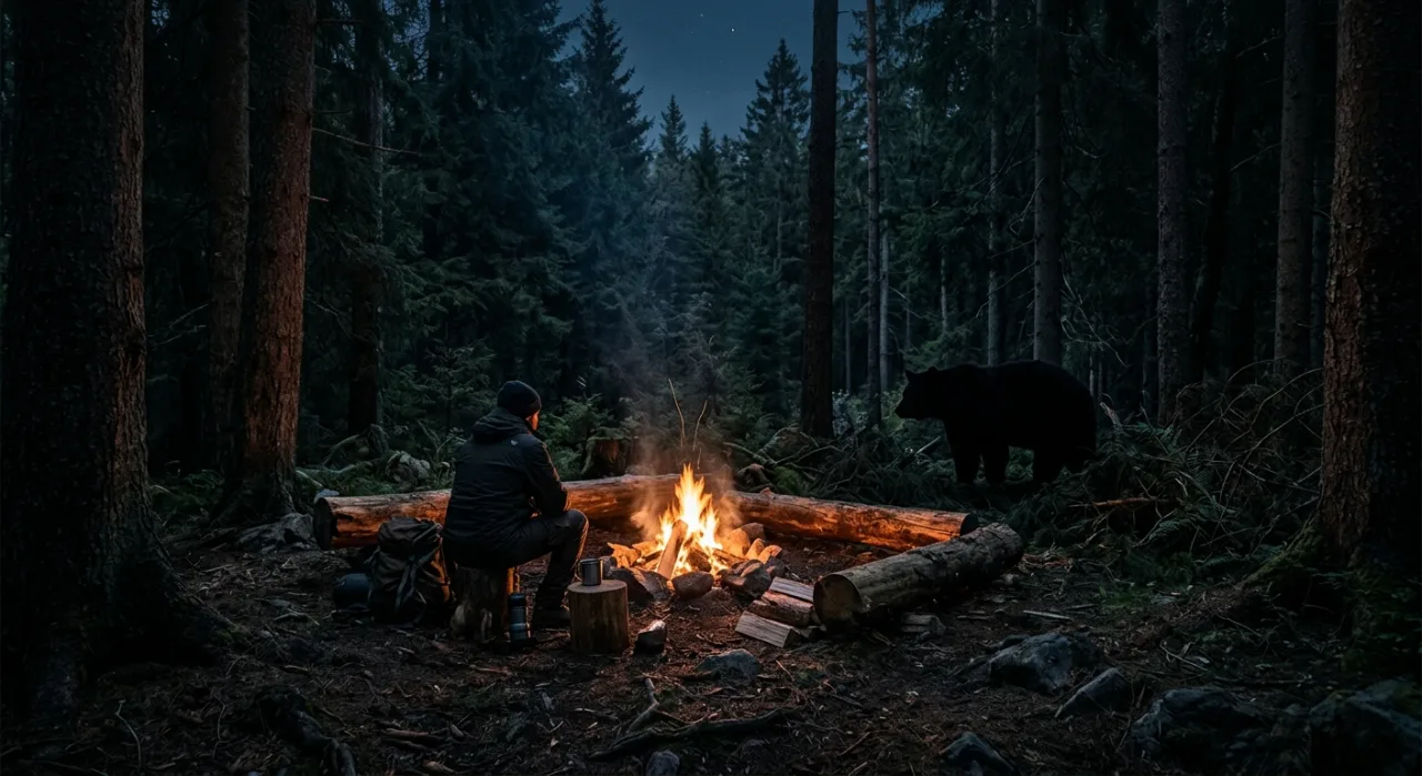 Pessoa vestida de urso fazendo flexões ao lado de abóboras iluminadas e halteres laranja