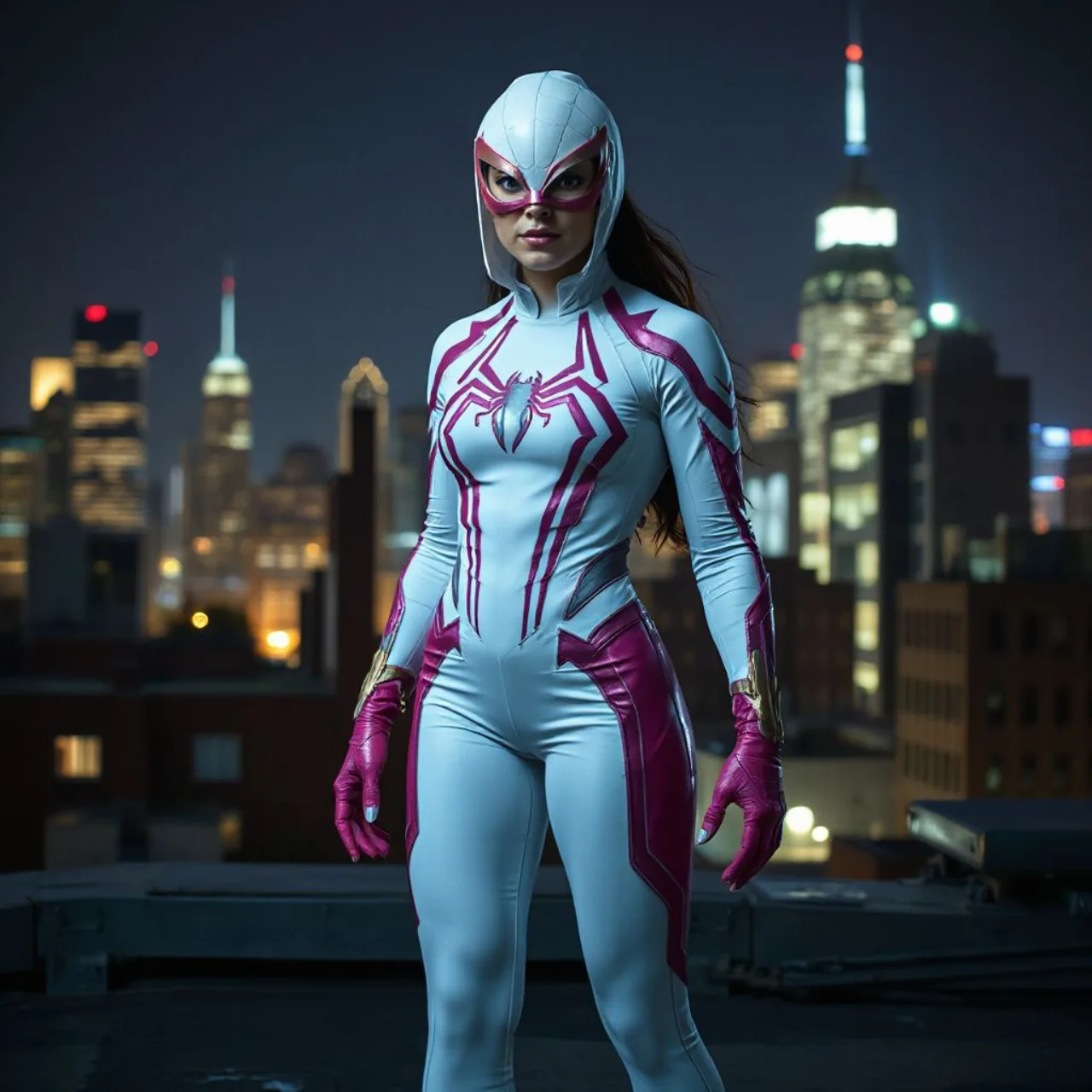 Spider‑Gwen em seu traje azul e rosa, lançando teia sobre o skyline de Nova‑York, com o logo da Marvel ao fundo