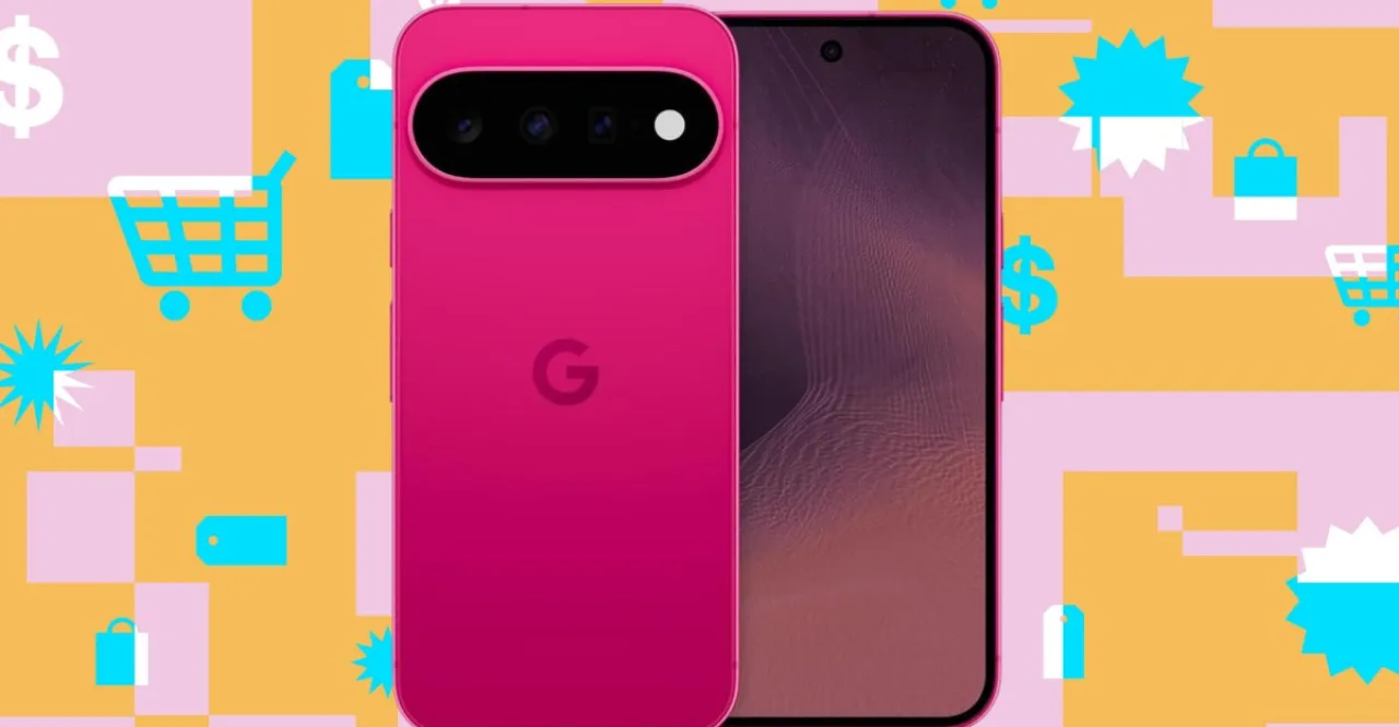 Corredor ao ar livre segurando um Pixel 11, com garrafa d'água, fone Bluetooth e pulseira fitness no pulso