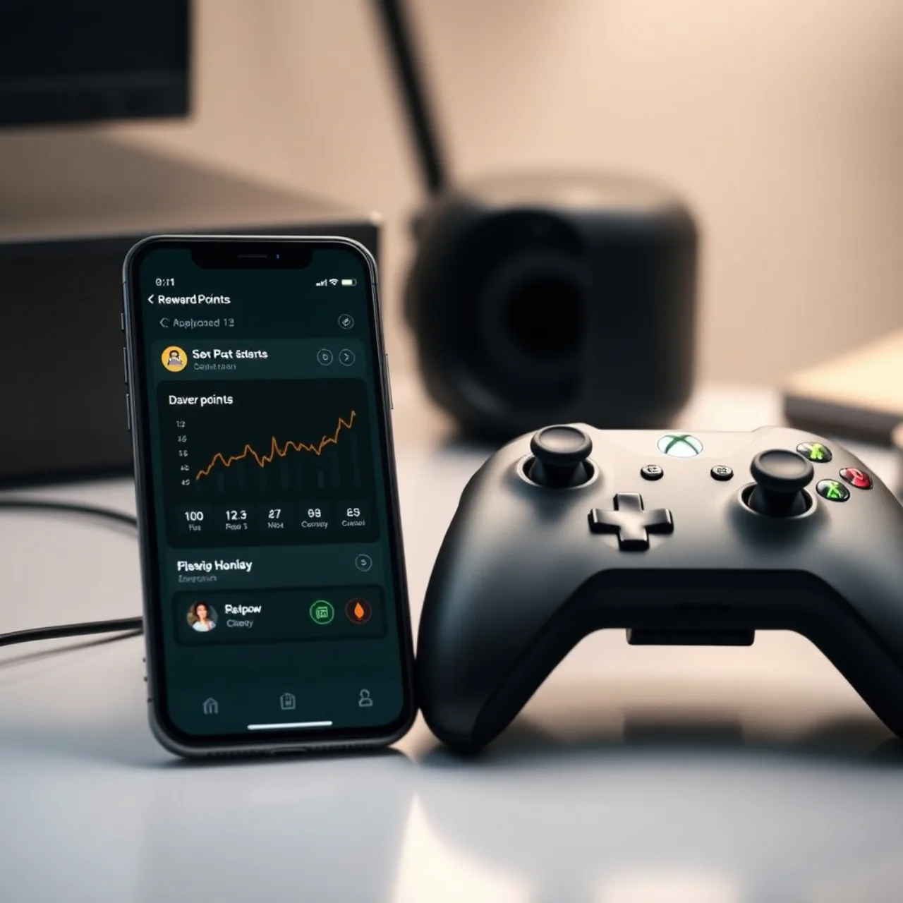 Jovem jogando Xbox enquanto faz agachamento com halteres ao lado, rodeado por cartões de pontos
