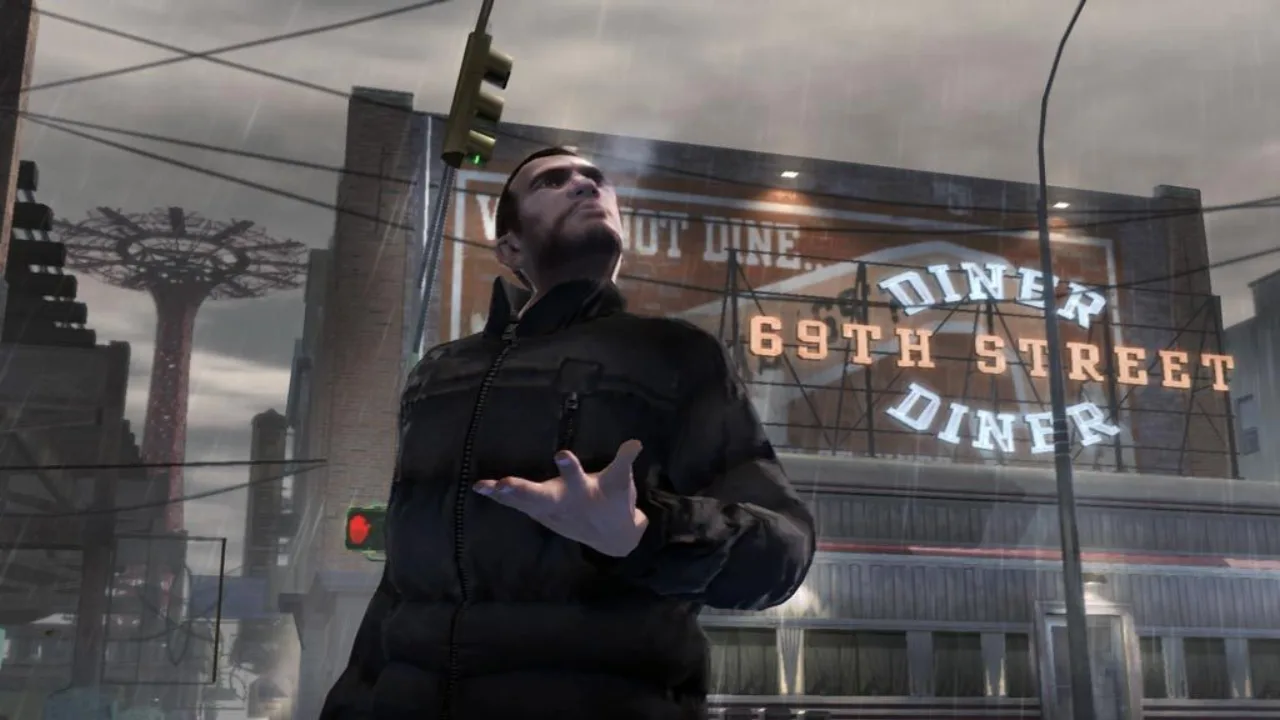 Jovem fazendo flexões ao lado de um PC com capa de GTA 6, segurando controle e economizando dinheiro