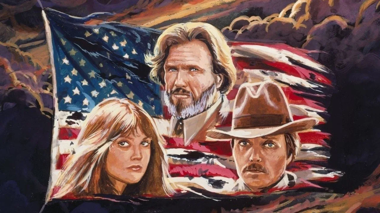 Capa com chapéu de cowboy sobre halteres, fundo de pôr‑do‑sol estilo faroeste