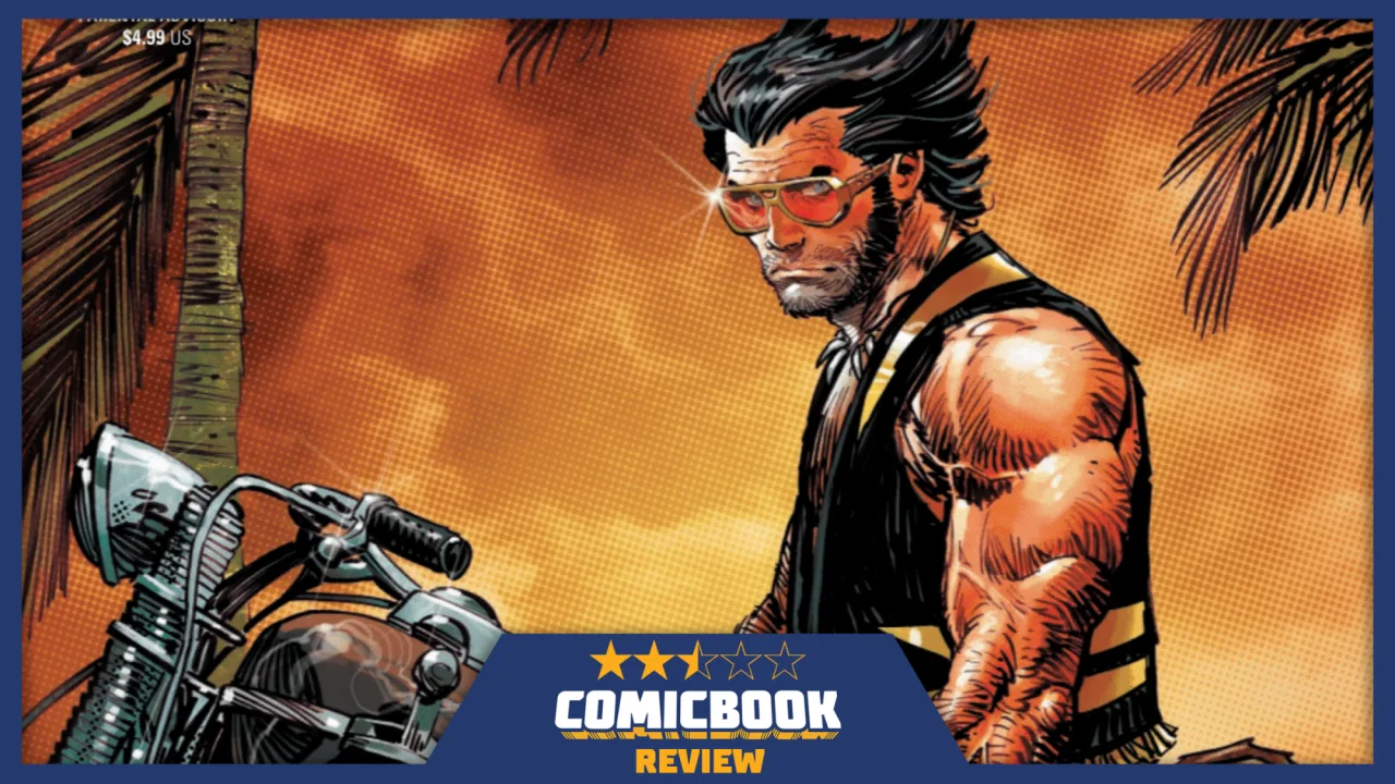 Logan em traje clássico na praia de Miami, com palmeiras ao fundo e o título 'Wolverine: Paradise