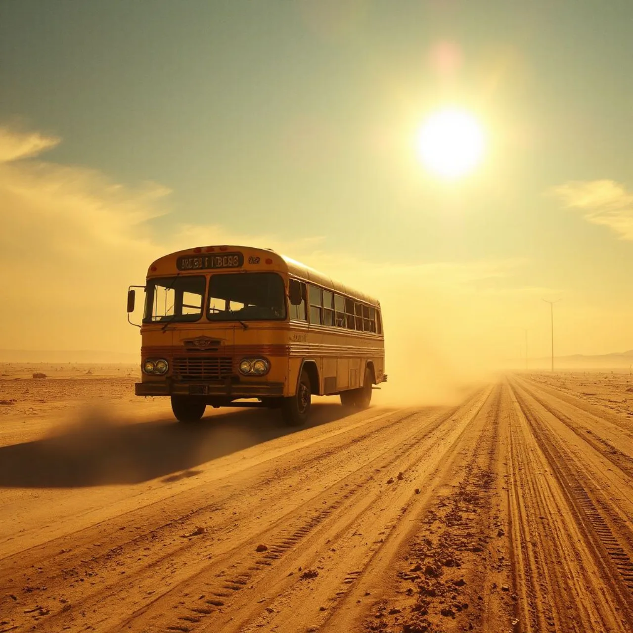 Um ônibus amarelo atravessa a estrada desértica do Arizona sob um céu claro, com o logo “Desert Bus for Hope” ao fundo