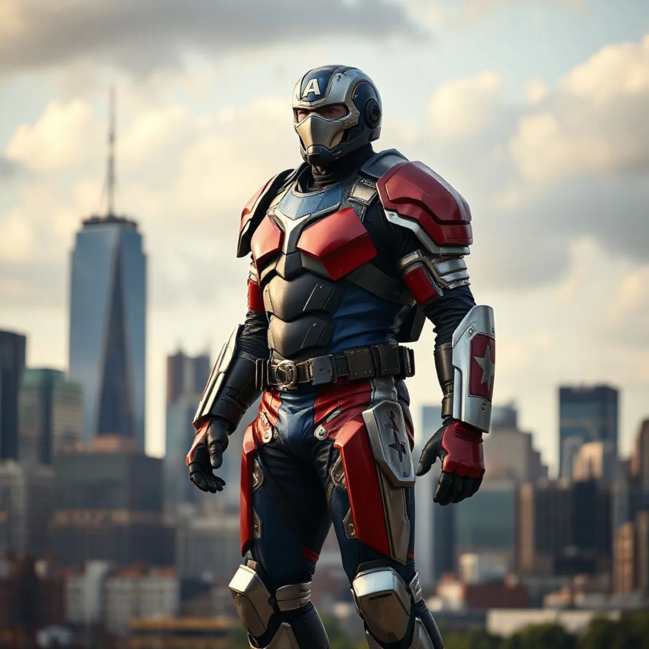 Norman Osborn aparece em pé, usando a armadura vermelha e azul Iron Patriot, com o escudo dos EUA reluzente ao fundo