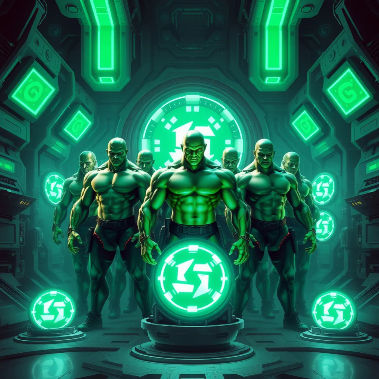 Um cérebro estilizado sobre um par de halteres verdes, ao fundo silhuetas dos cinco Hulks em poses de poder