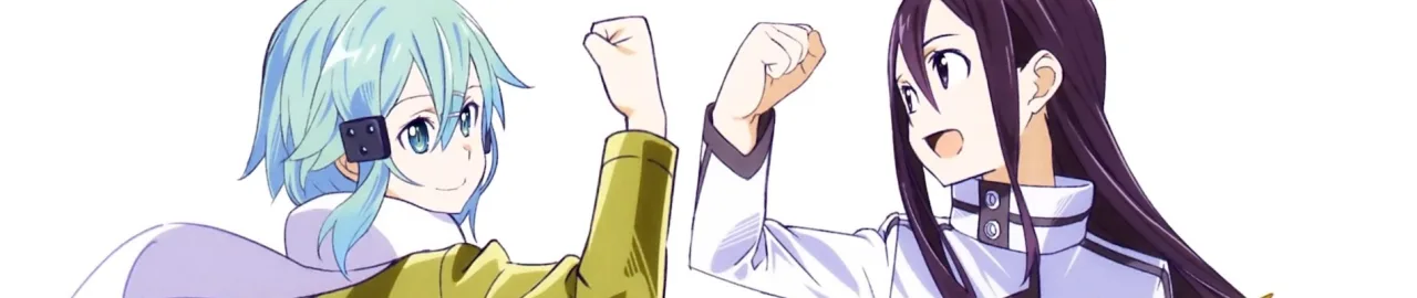 Kirito e Asuna em trajes esportivos, correndo juntos ao ar livre, segurando garrafas de água e mochilas