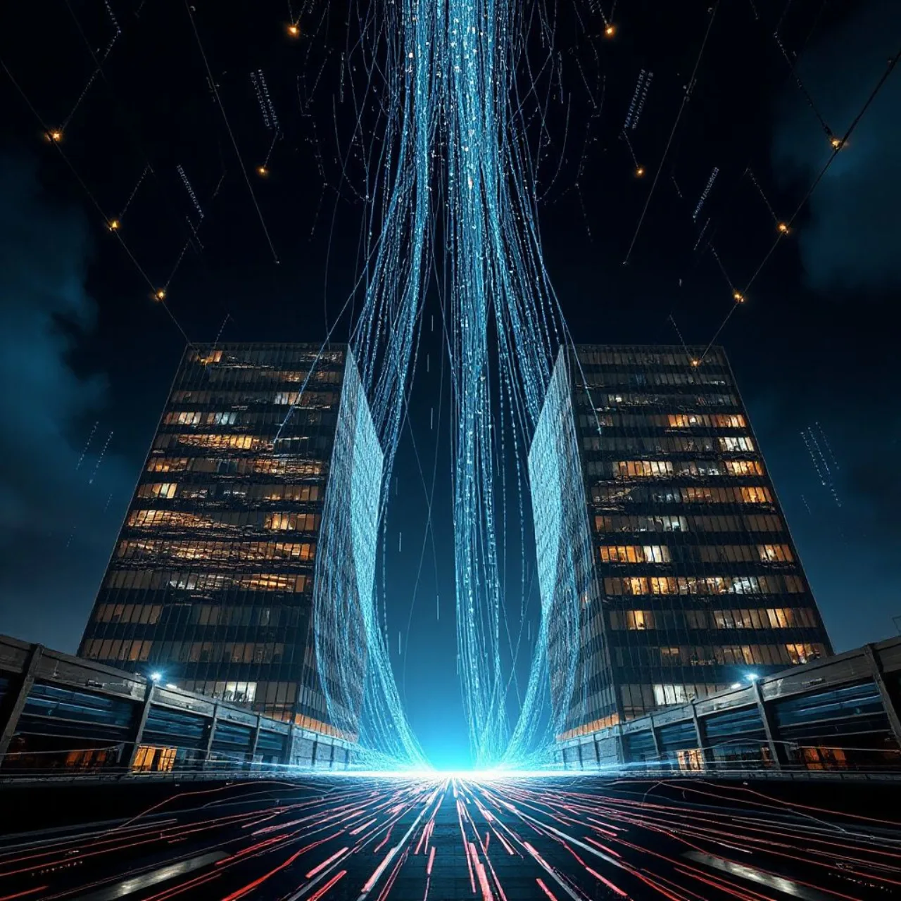 Logotipos da OpenAI e da Microsoft sobre um globo digital, cercados por setas formando um ciclo infinito