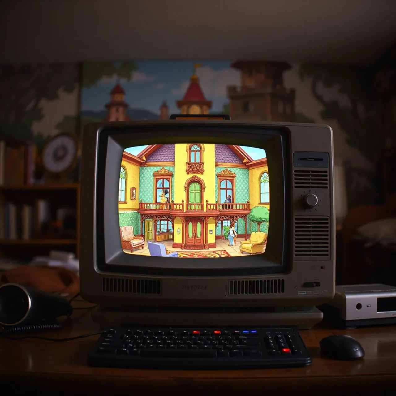 Comparação mostra o jogo The Addams Family no Amiga: à esquerda fundo preto, à direita cenário detalhado da mansão