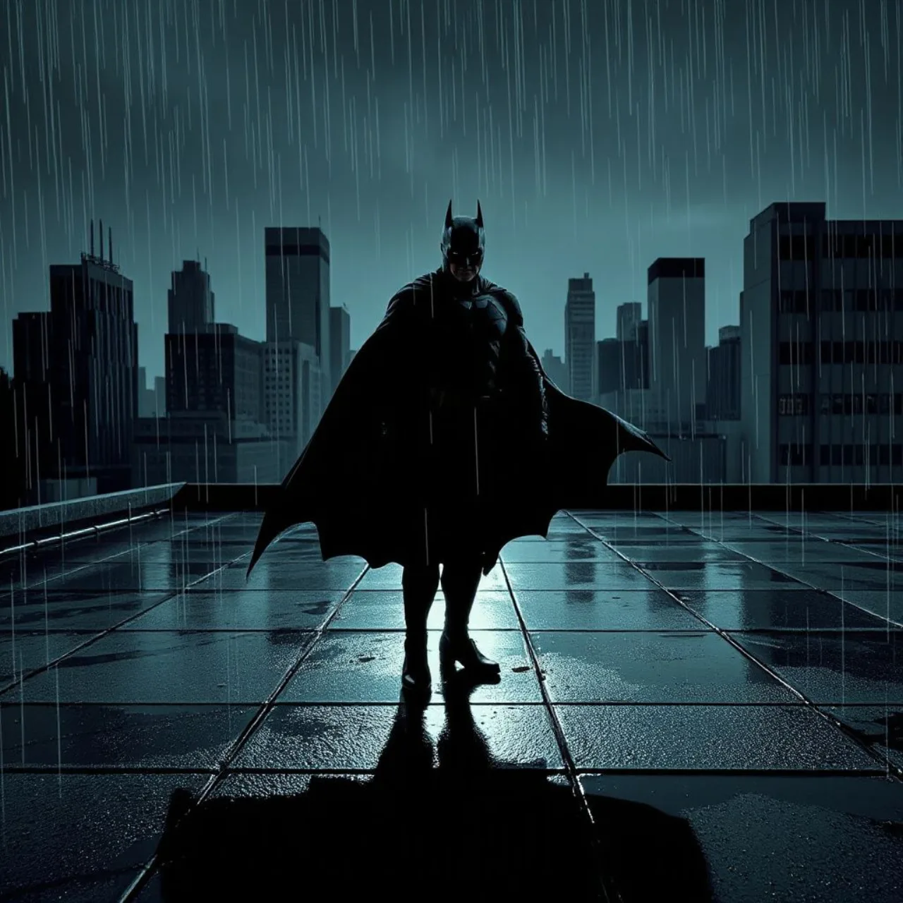 Batman em pose sombria sobre o skyline de Gotham, com o logotipo “Absolute Batman” em estilo futurista