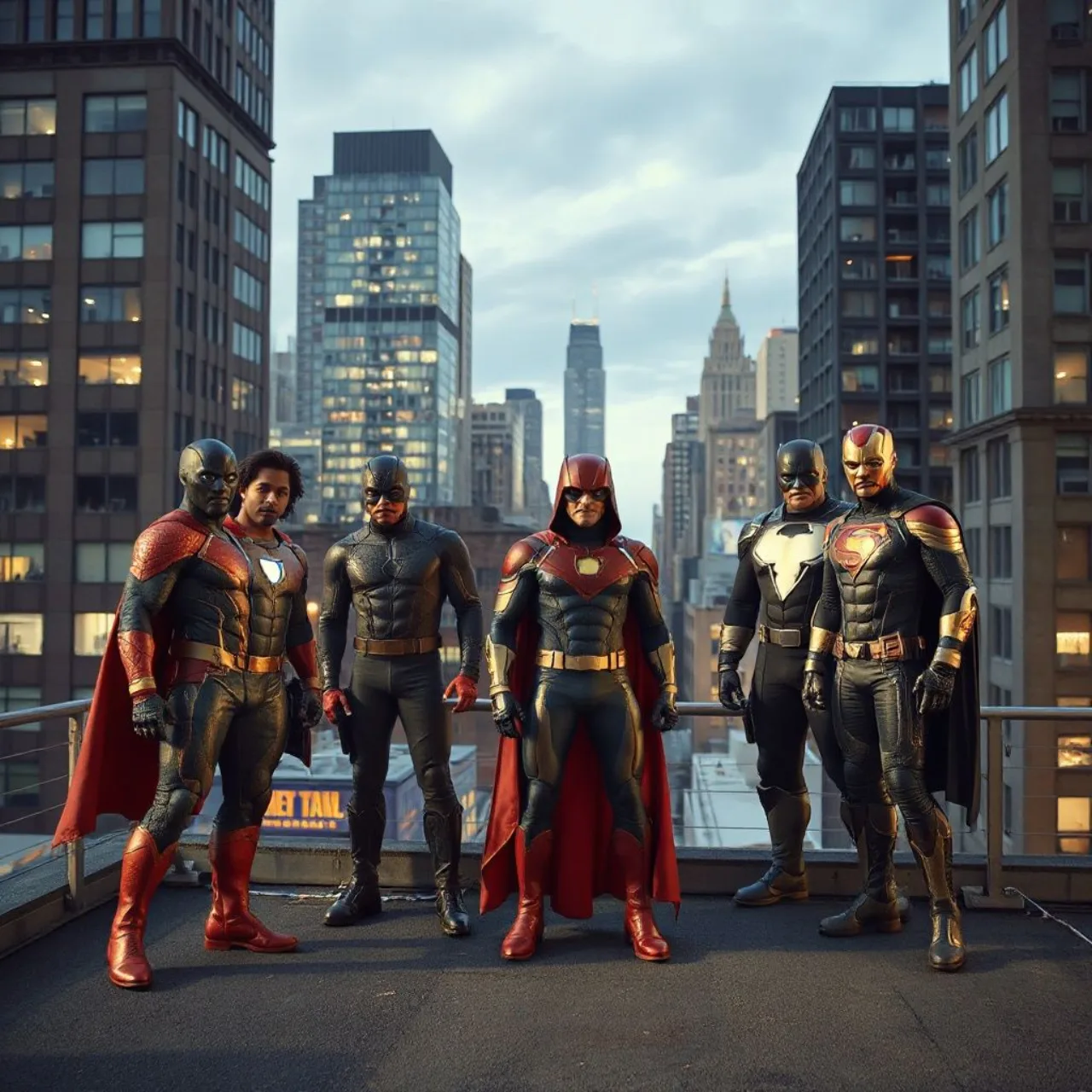 Jessica Jones ao lado de Luke Cage, Daredevil, Iron Fist e Moon Knight, contra o skyline de Nova York