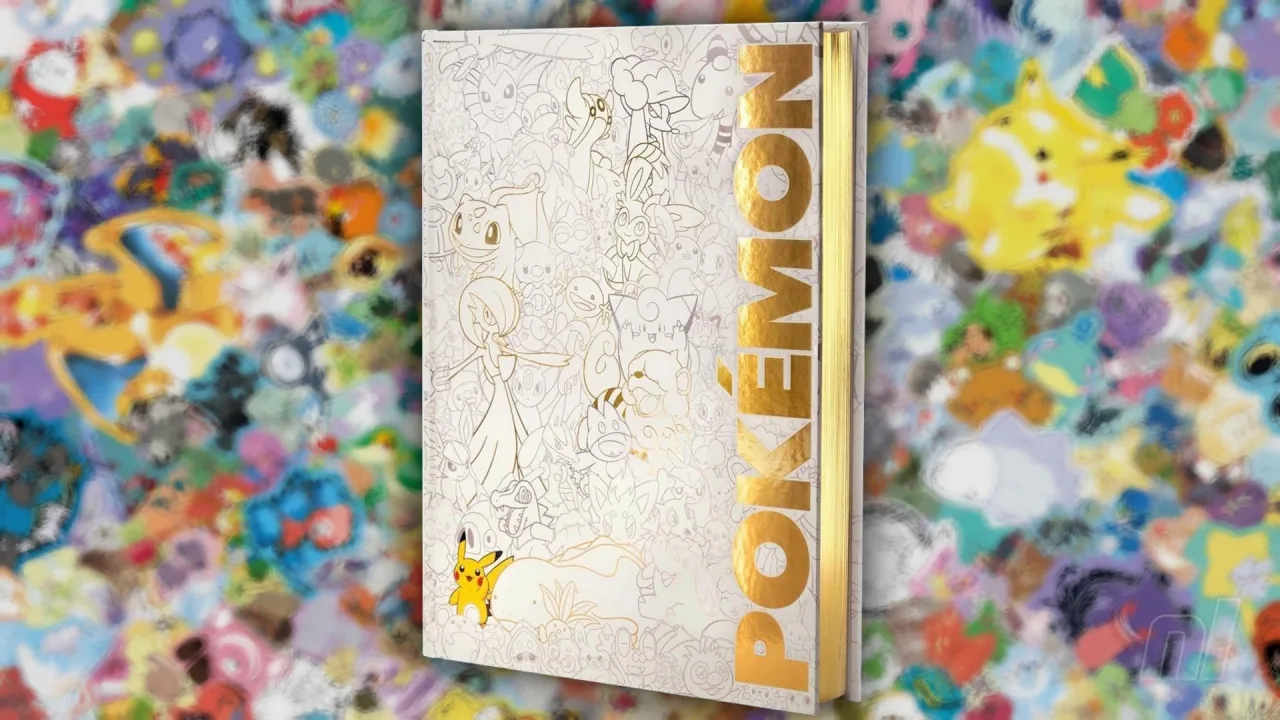 Guia Pokémon Deluxe sobre tapete de yoga azul ao lado de uma maçã, halteres e garrafa de água em sala iluminada