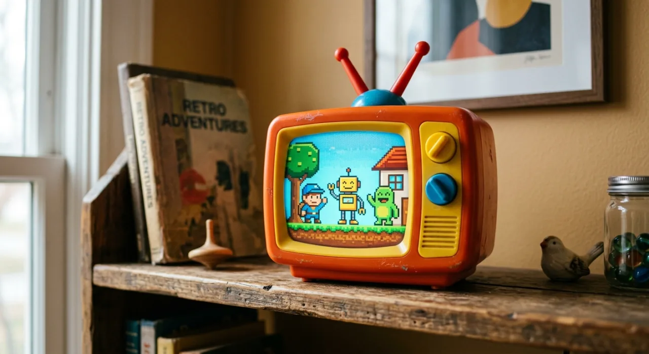 Jovem sentado no tapete de yoga, segurando uma Mini Melody TV colorida ao lado de um copo de água