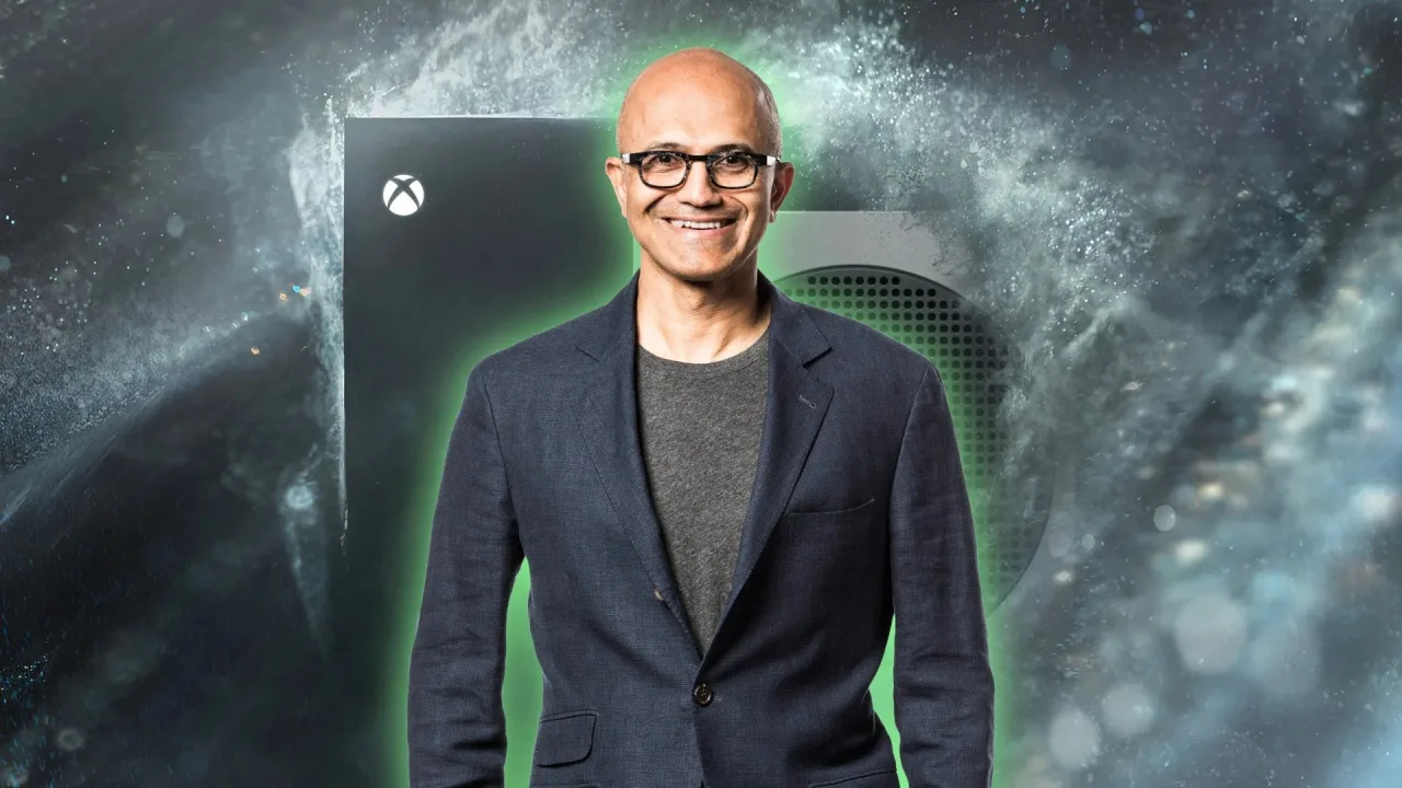 Atleta em roupa esportiva segurando garrafa d'água ao lado de um console Xbox 2026 em modo eco