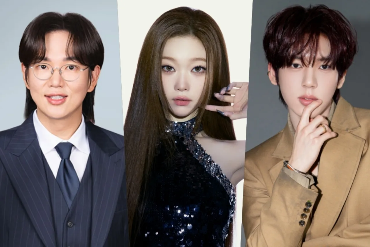 Jang Sung Kyu, Tsuki e Han Yujin em roupas esportivas, alongando com halteres e colchonetes ao fundo