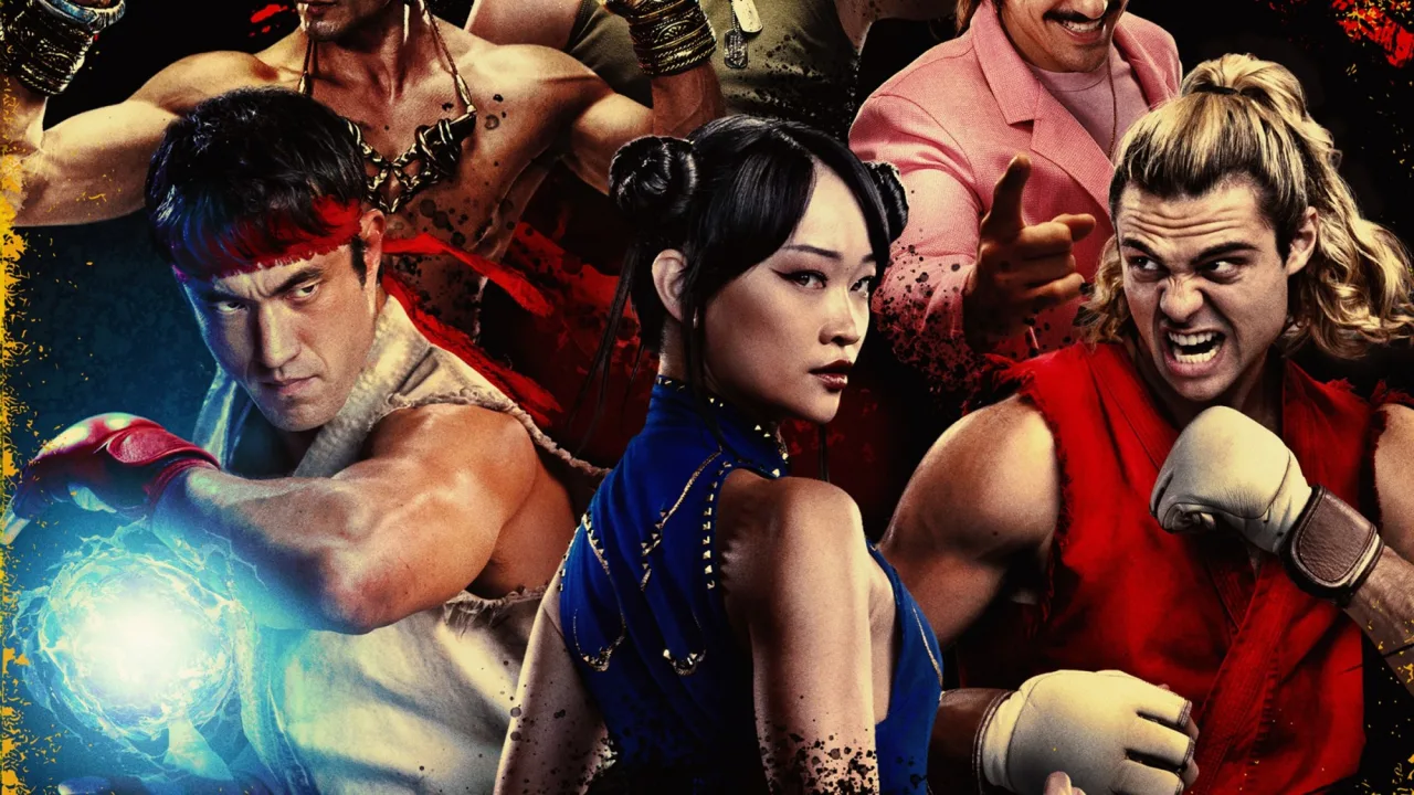 Ryu e Chun‑Li em pose de combate, ao fundo o logo vibrante de Street Fighter 6 com fundo neon