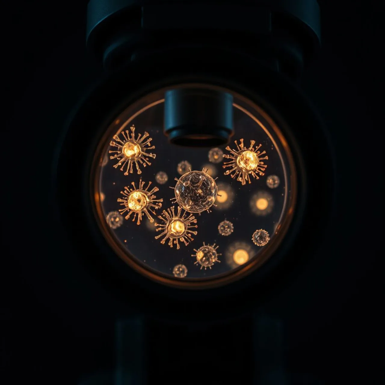 Microscópio Nikon ao lado de tela exibindo vídeo de micro‑organismos com efeitos digitais