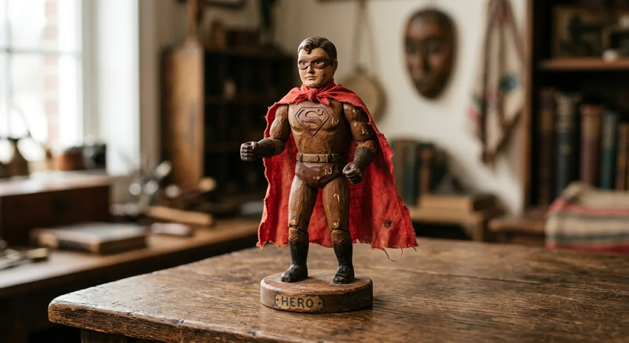 Homem musculoso levanta barra com camiseta do Superman ao lado da estatueta vintage da Syroco