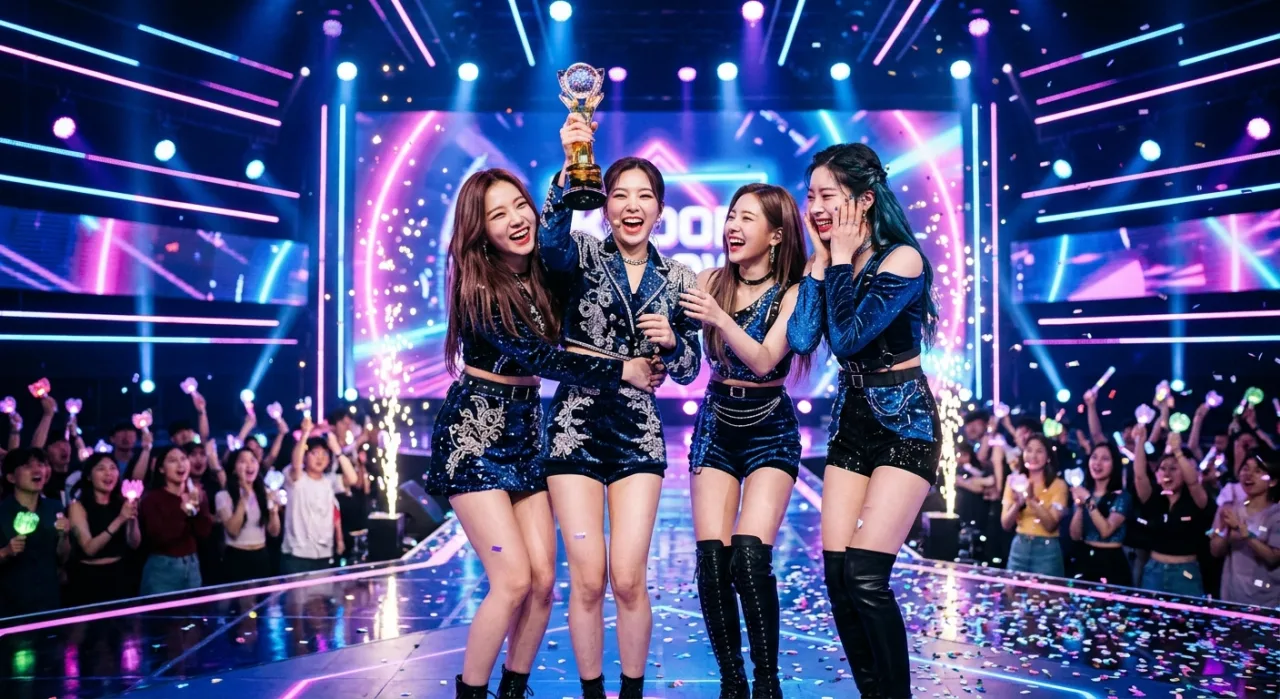 A2O LITE no palco iluminado por luzes neon, segurando o troféu do Show Champion ao lado do logo do programa
