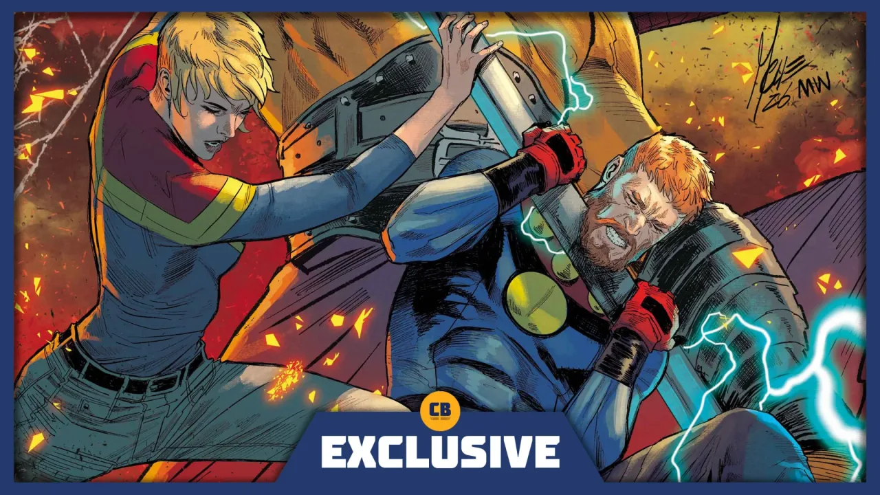 Miracleman, Capitã Marvel e Homem‑Aranha posam juntos na capa de Avengers #2, com o logotipo da Marvel ao fundo