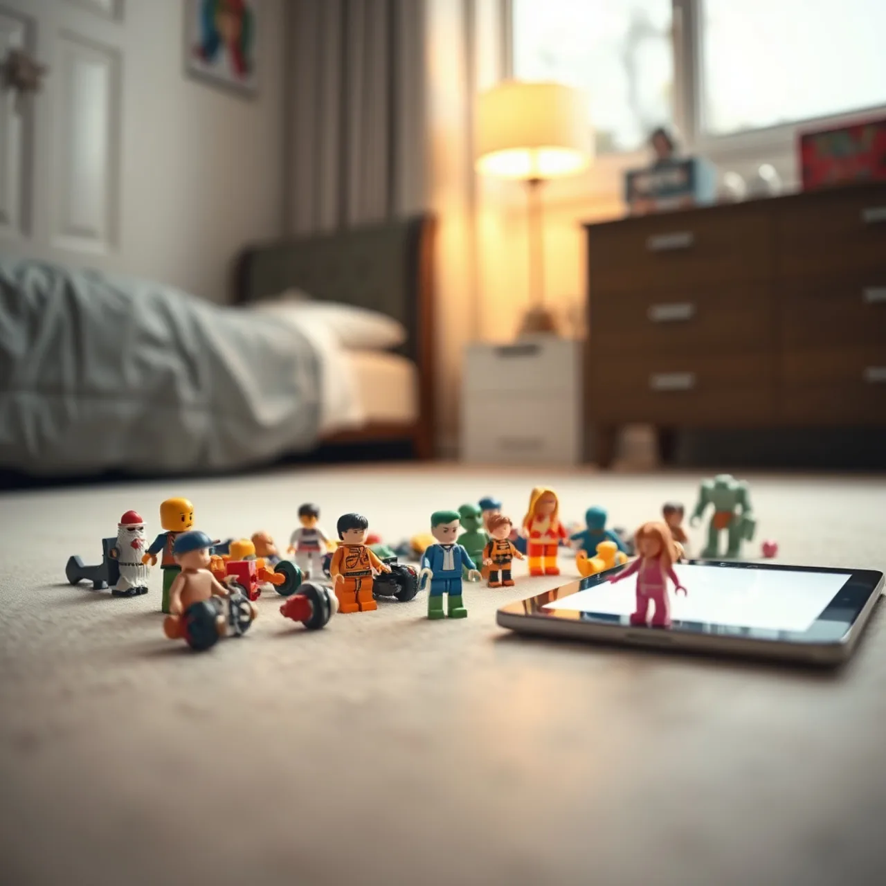Jovem fazendo agachamento ao lado de um tablet Lilypad exibindo personagens de Toy Story