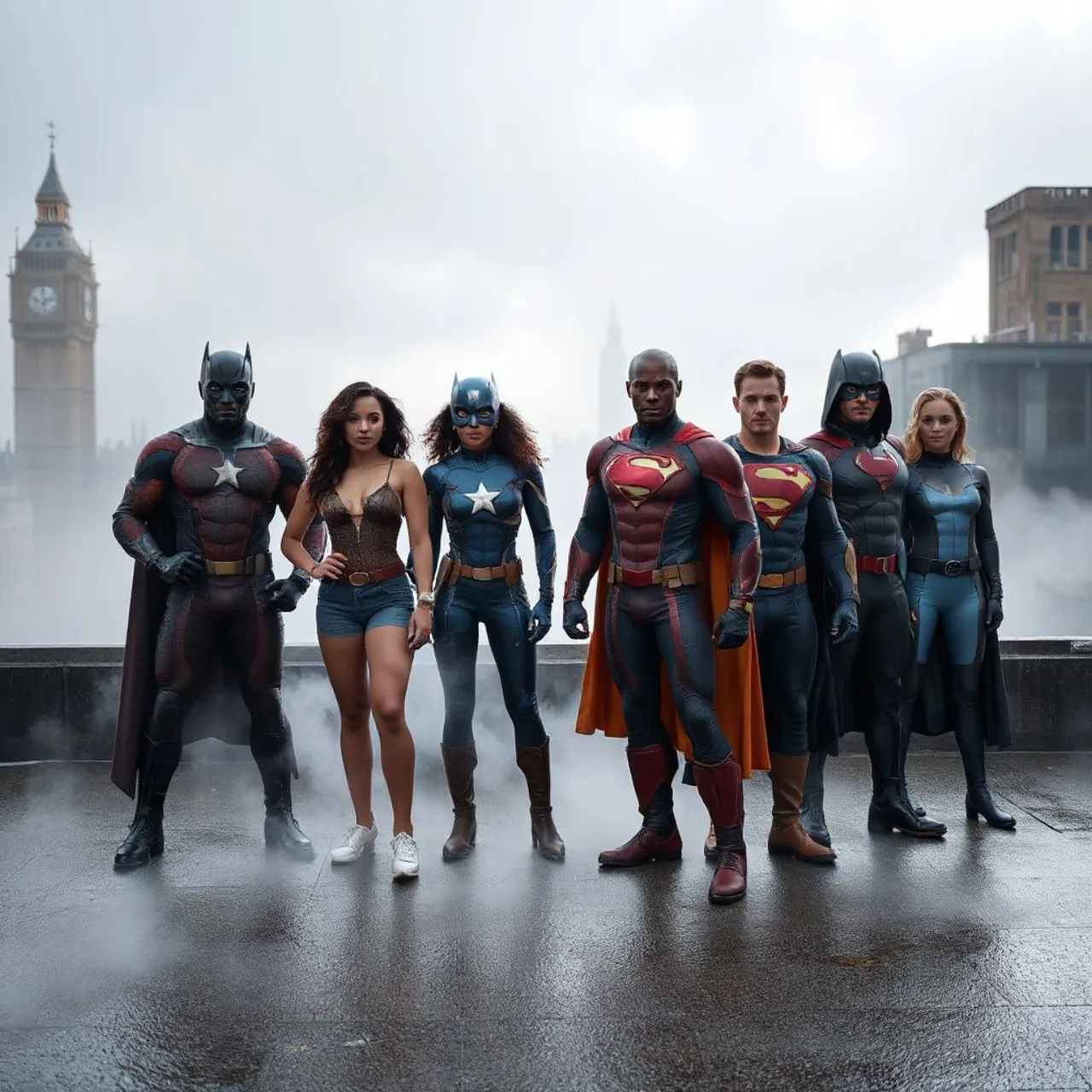 Capitão Britain, Nightcrawler, Meggan e Kitty Pryde em pose heroica, com o logotipo clássico de Excalibur ao fundo