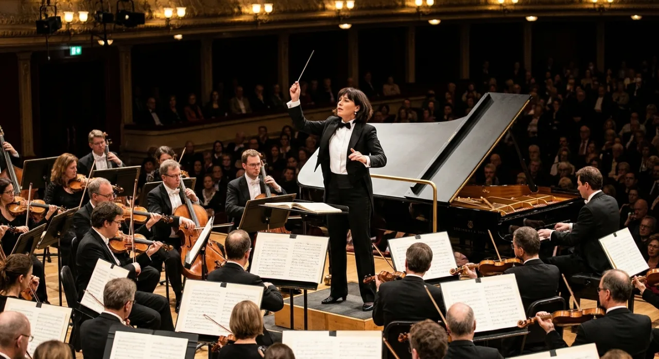 Joe Hisaishi ao piano, ao fundo o logotipo da Los Angeles Philharmonic e a fachada do Walt Disney Concert Hall
