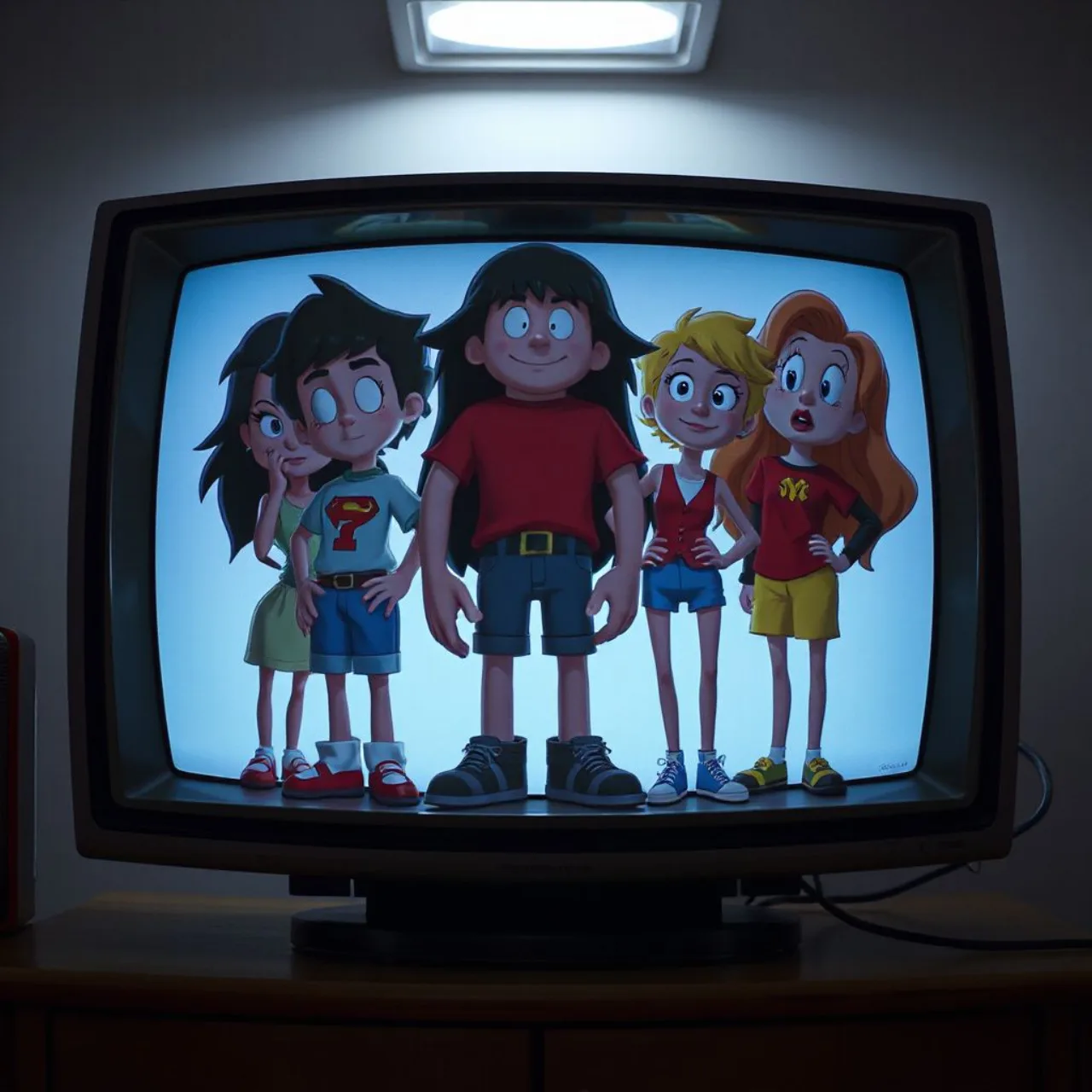 Daria, Ren, Eddy, Dexter e Rocko posam juntos, representando ícones dos desenhos dos anos 90