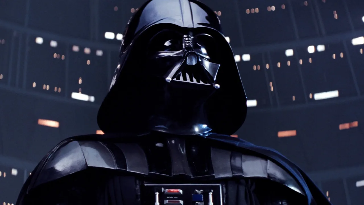 Darth Vader treina com halteres em academia imperial, com shake de proteína e sabre de luz sobre banco de couro