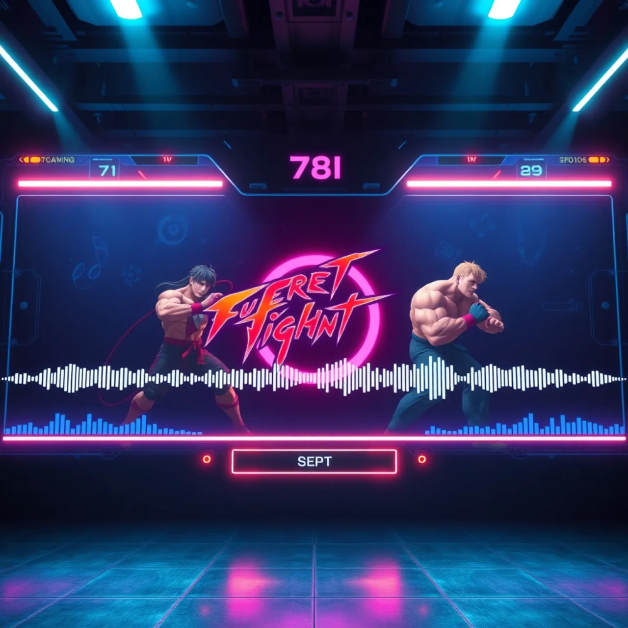 Um jovem atleta usando fones de ouvido, correndo na esteira enquanto visualiza a capa do jogo “Under Night In‑Birth”