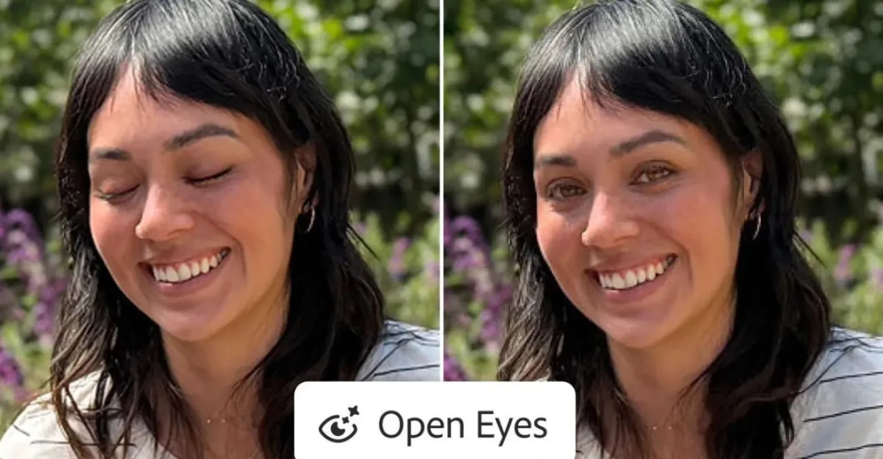 Tela de smartphone exibindo o Lightroom Mobile com a ferramenta Open Eyes, mostrando antes e depois de olhos fechados
